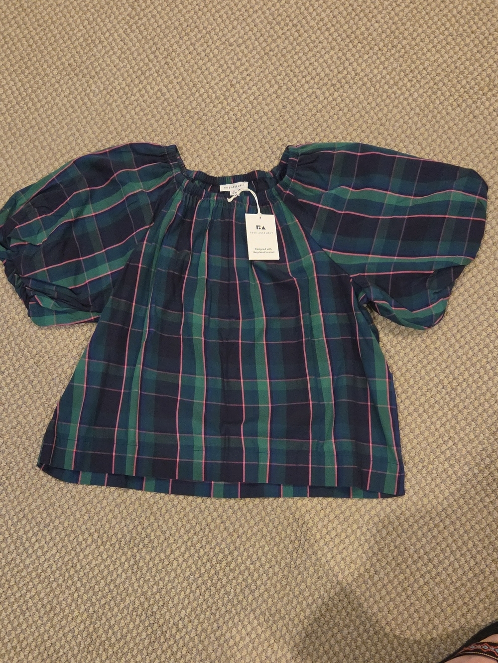 Free Assembly Navy, Green & Pink Plaid Puff-Sleeve Top Sz XL NWT